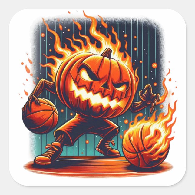 Adesivo Quadrado Spooky Jack-o-Lanterna Dunking Halloween Basketbal (Frente)