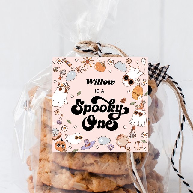 Adesivo Quadrado Spooky One Groovy Halloween primeiro aniversario (Criador carregado)