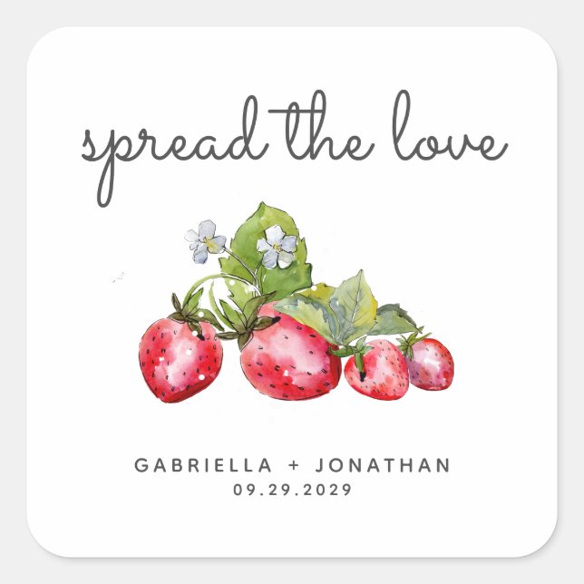 Adesivo Quadrado Spread The Love Strawberry Jam Wedding Favor (Frente)