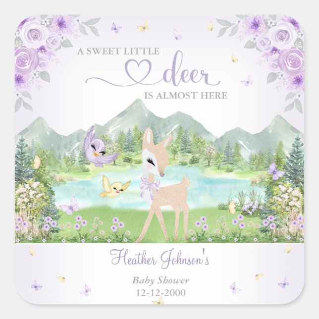 Adesivo Quadrado Spring Bloom and Butterflies Deer Baby Shower  (Frente)