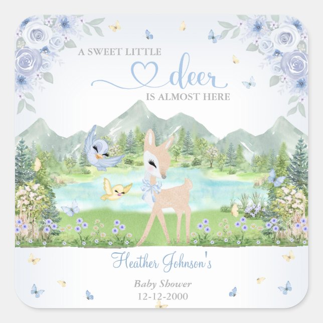 Adesivo Quadrado Spring Bloom and Butterflies Deer Baby Shower  (Frente)
