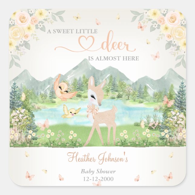 Adesivo Quadrado Spring Bloom and Butterflies Deer Baby Shower  (Frente)