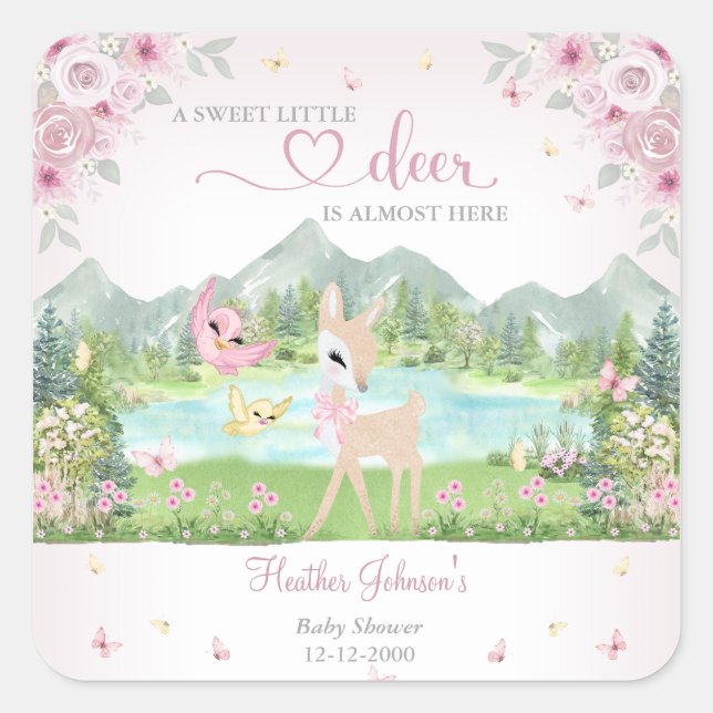Adesivo Quadrado Spring Bloom and Butterflies Deer Baby Shower  (Frente)