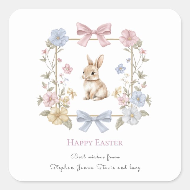 Adesivo Quadrado Spring Bunny Floral Wreath Easter Sticker (Frente)