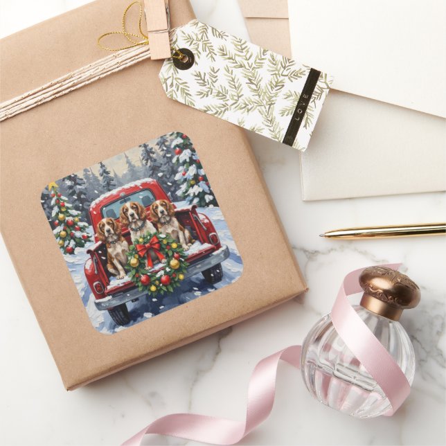 Adesivo Quadrado Springer Spaniel Christmas Red Truck Holiday (Presentear)