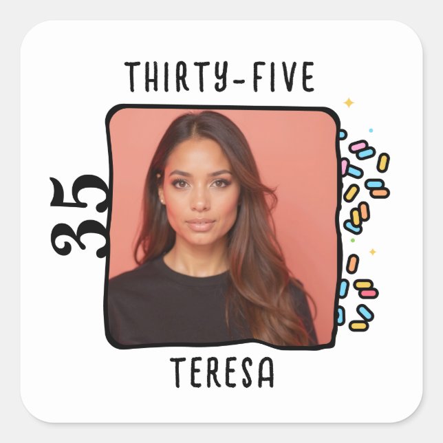 Adesivo Quadrado Sprinkles de Festa de aniversário 35ª Foto Persona (Frente)