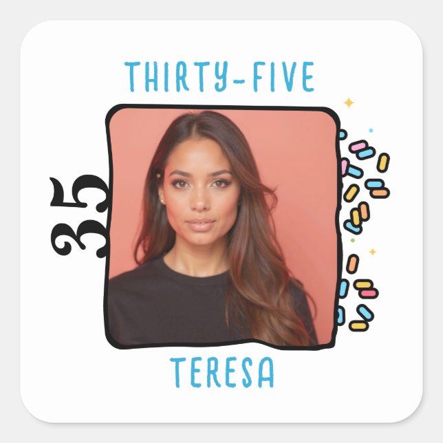 Adesivo Quadrado Sprinkles de Festa de aniversário 35ª Foto Persona (Frente)