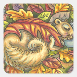 ADESIVO QUADRADO SQUIRREL DORMINDO SOB FOLHAS DO OUTONO, SAZONAL