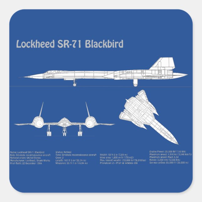 Adesivo Quadrado SR-71 Blackbird - Planos de avião Blueprint ABD (Frente)
