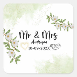 Adesivo Quadrado Sr. e Sra. modernos branco e verde floral aquarela