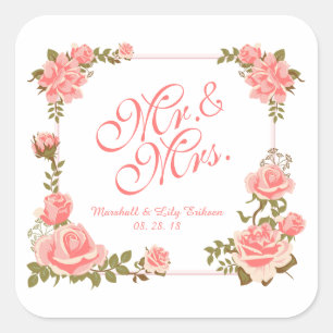 Adesivo Quadrado Sr. & Sra. Elegant Floral Wedding Sticker Seal