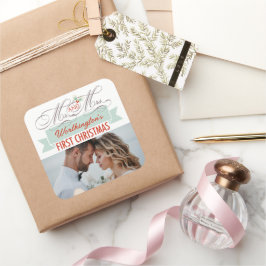 Adesivo Quadrado Sr. & Sra. Primeiro Mistura de Natal Foto Casament