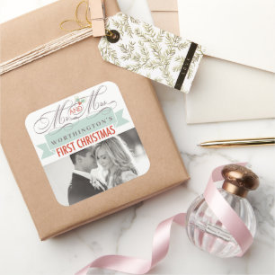 Adesivo Quadrado Sr. & Sra. Primeiro Mistura de Natal Foto Casament