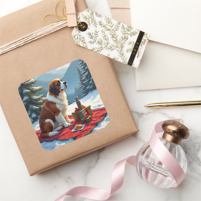 Adesivo Quadrado St. Bernard Winter Picnic Christmas Painting (Presentear)