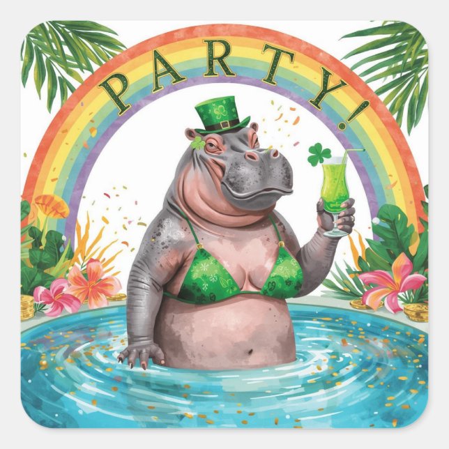 Adesivo Quadrado St. Patrick’s Day Glam Hippo Bikini  (Frente)