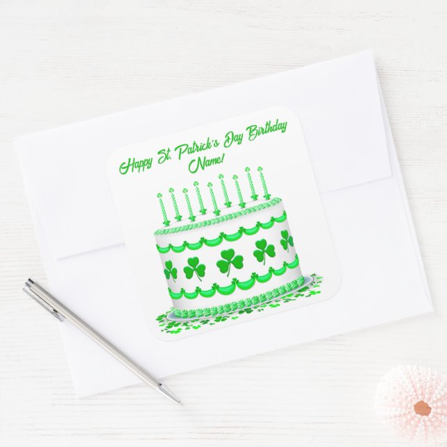 Adesivo Quadrado St Patrick's Day Birthday Cake Custom Candles (Envelope)