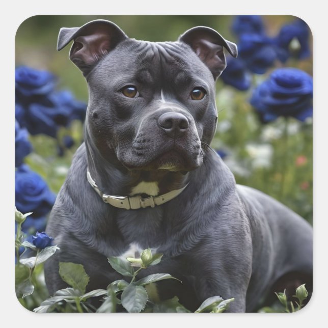 Adesivo Quadrado Staffordshire Bull Terrier In Blue Rosa Garden (Frente)
