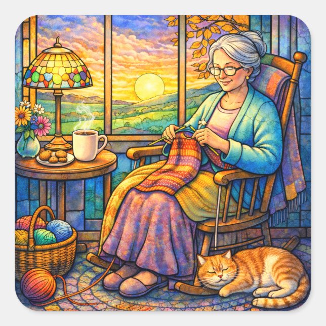Adesivo Quadrado Stained Glass Grandma Knitting, Cat & Cozy Home  (Frente)