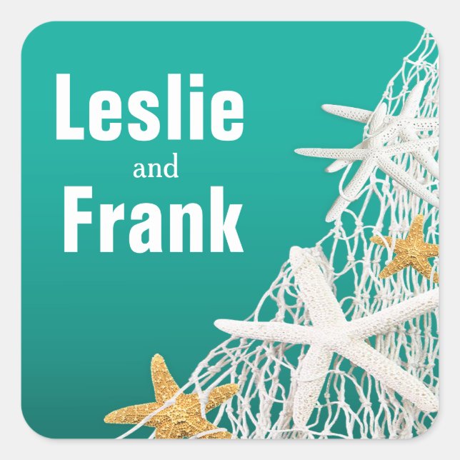 Adesivo Quadrado Starfish Netting Beach Wedding Favor | aqua (Frente)