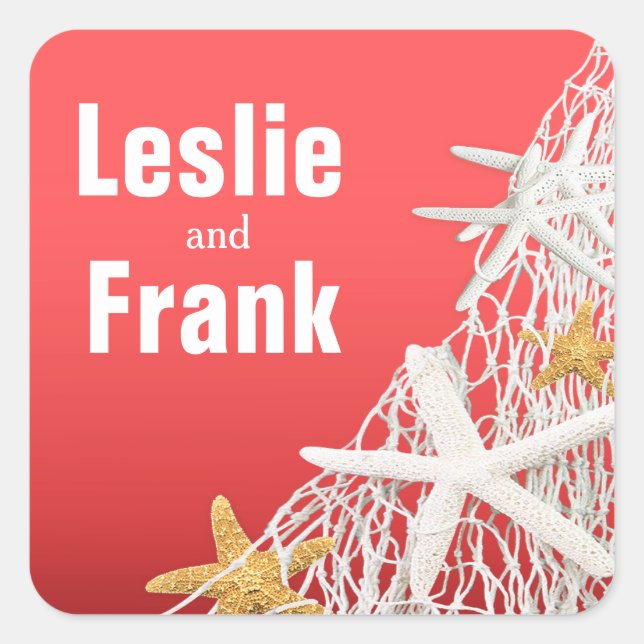 Adesivo Quadrado Starfish Netting Beach Wedding Favor | coral (Frente)