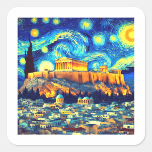 Adesivo Quadrado Starry Night Acropolis Athens Grécia