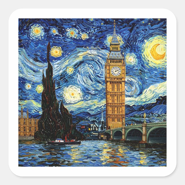 Adesivo Quadrado Starry Night Big Ben London England (Frente)