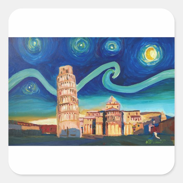 Adesivo Quadrado Starry Night em Pisa com a Torre Inclinada (Frente)