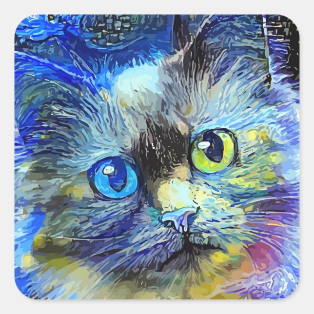 Adesivo Quadrado Starry Night Impressionist Tabby Cat Portrait (Frente)