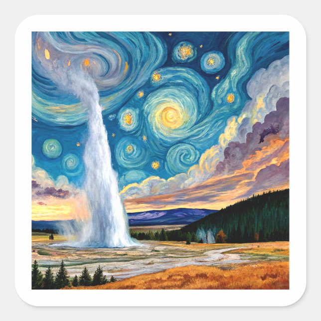 Adesivo Quadrado Starry Night Old Faithful Yellowstone Park (Frente)