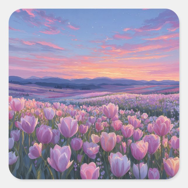Adesivo Quadrado Starry Night Sky Over Pink Tulip Meadow (Frente)