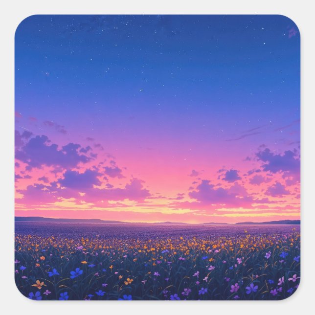 Adesivo Quadrado Starry Night Sky Over Purple and Yellow Wildflower (Frente)