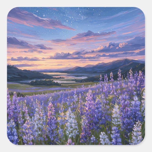 Adesivo Quadrado Starry Night Sky Over Purple Lupine Meadow (Frente)