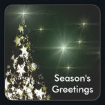 Adesivo Quadrado Stars on Christmas Tree Night Sky Stickers<br><div class="desc">Stars on Christmas Tree in Night Sky Stickers. Festive dark green background with Season's Greetings. Please contact me at admin@giftsyoutreasure.com if you would like something special just for you or questions. 



 Photo of family is the Photography © Storytree Studios,  Stanford,  CA</div>