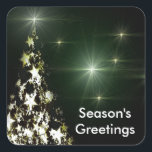Adesivo Quadrado Stars on Christmas Tree Night Sky Stickers<br><div class="desc">Stars on Christmas Tree in Night Sky Stickers. Festive dark green background with Season's Greetings. Please contact me at admin@giftsyoutreasure.com if you would like something special just for you or questions. 



 Photo of family is the Photography © Storytree Studios,  Stanford,  CA</div>