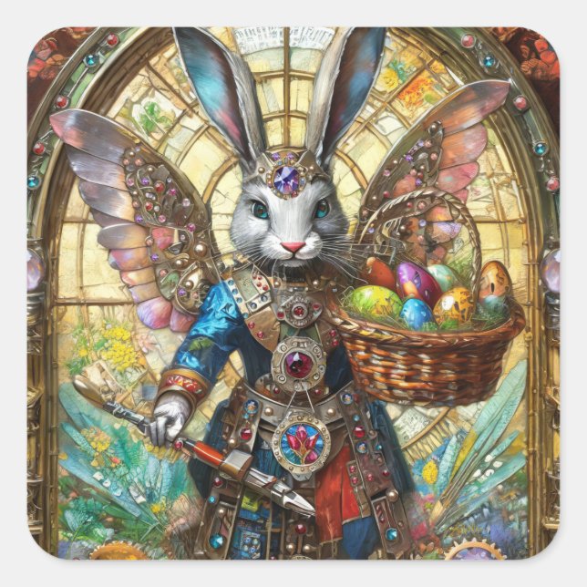 Adesivo Quadrado Steampunk Easter Bunny Warrior Angel (Frente)