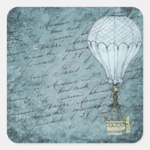 Adesivo Quadrado Steampunk Hot Air Balloon Dusk Blue Manuscrito
