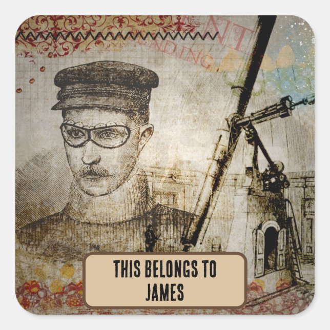 Adesivo Quadrado Steampunk Inventor Scientist Telescope Belongs to (Frente)