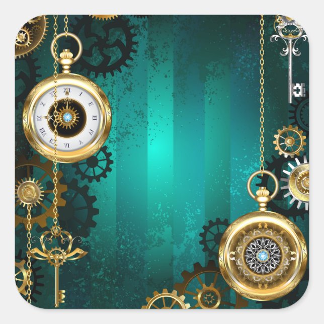 Adesivo Quadrado Steampunk Jewelry Watch em um fundo verde (Frente)