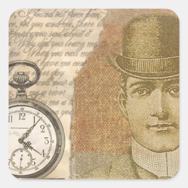 Adesivo Quadrado Steampunk Man Pocket Watch Bowler Hat (Frente)