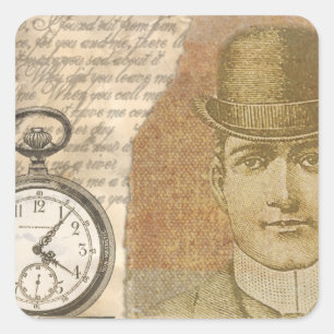 Adesivo Quadrado Steampunk Man Pocket Watch Bowler Hat
