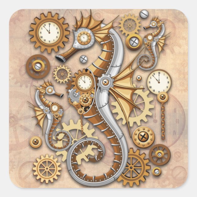 Adesivo Quadrado Steampunk Seacavalo Vintage Surreal Art (Frente)