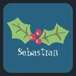 Adesivo Quadrado Sti Personalizado da Praça de Natal Holly & Berrie<br><div class="desc">Estes doces sagrados e bagas são impressos de uma colagem projetada por Helen McCartney Designs.</div>