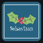 Adesivo Quadrado Sti Personalizado da Praça de Natal Holly & Berrie<br><div class="desc">Estes doces sagrados e bagas são impressos de uma colagem projetada por Helen McCartney Designs.</div>
