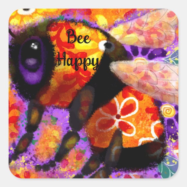 Adesivo Quadrado Sticker - Bumble Bee Happy Abstrato Art Floral (Frente)