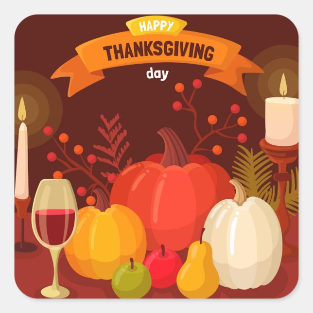Adesivo Quadrado Sticker de Ação de Graças (Illustration of a Thanksgiving Day still life with pumpkins, fruits, and candles. )