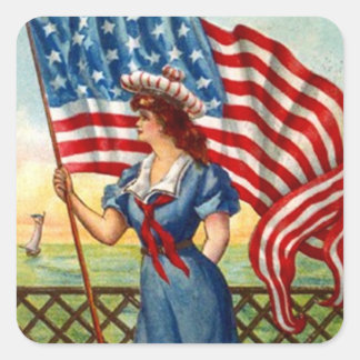 Adesivo Quadrado Sticker Vintage Patriotic Lady USA Old Glory Flag
