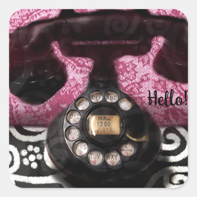 Adesivo Quadrado Sticker - Whimsical Vintage Telephone Hello Art (Frente)