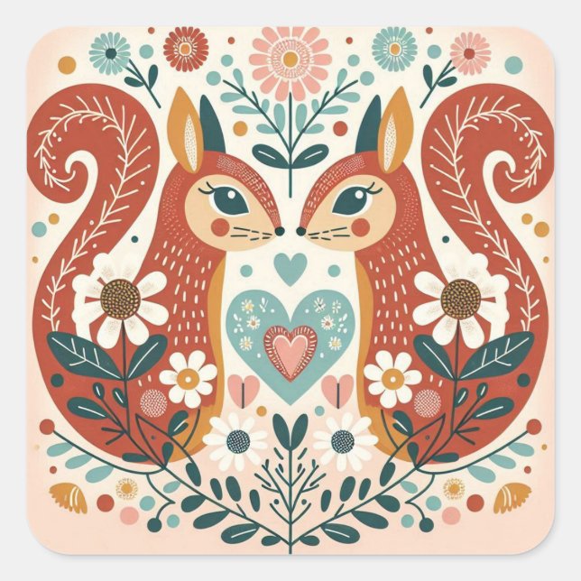 Adesivo Quadrado Stickers illustration folk art motif « écureuils » (Frente)