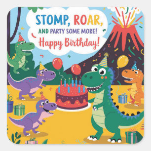 Adesivo Quadrado "Stomp, Roar e Partido Mais - Design Dino Kids