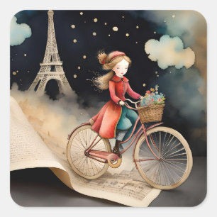 Adesivo Quadrado Storybook Watercolor Paris Bicycle Ride